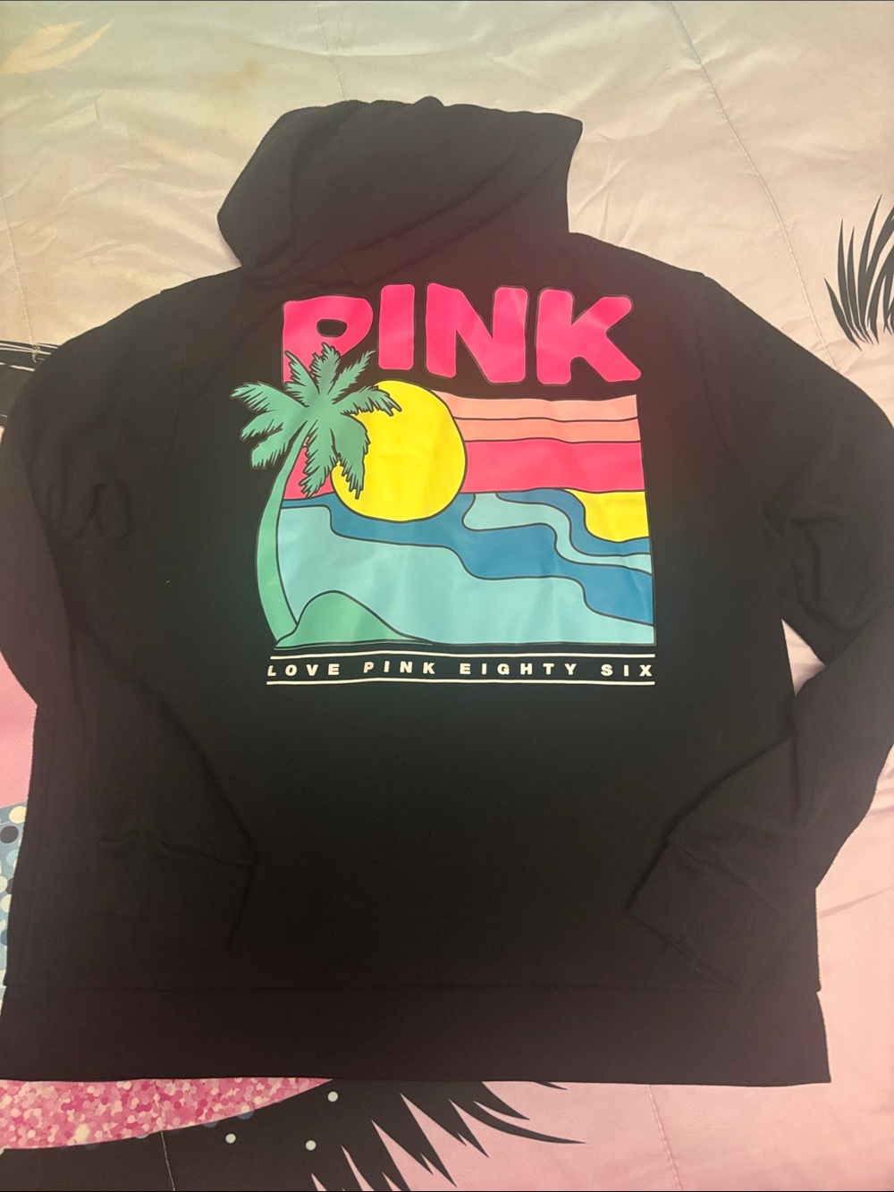 PINK Black Hoodie with Retro Sunset Graphic